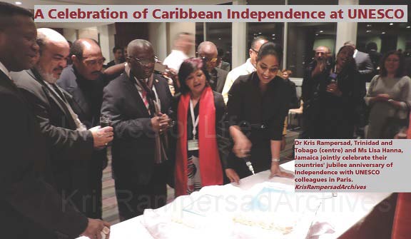 Co-Vice President UNESCO PX Commission Dr Kris Rampersad, Lisa Hanna celebrate 50th Independence Anniversary Trinidad and Tobago Jamaica at UNESCO