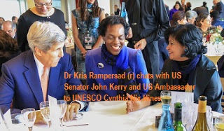 US Secrtary of State, Dr Cynthia Nixon, Dr Kris Rampersad chat over lunch at UNESCO, Paris