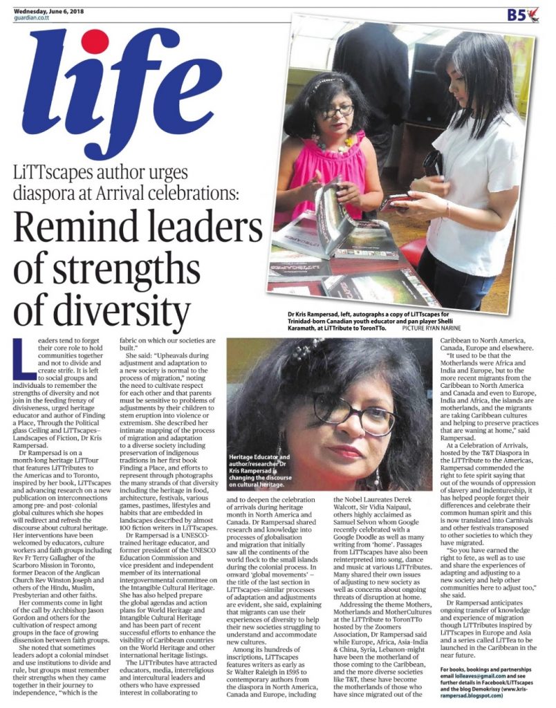 Dr Kris Rampersad LiTTribute to the Toronto inspired by LiTTscapes article Trinidad Guardian