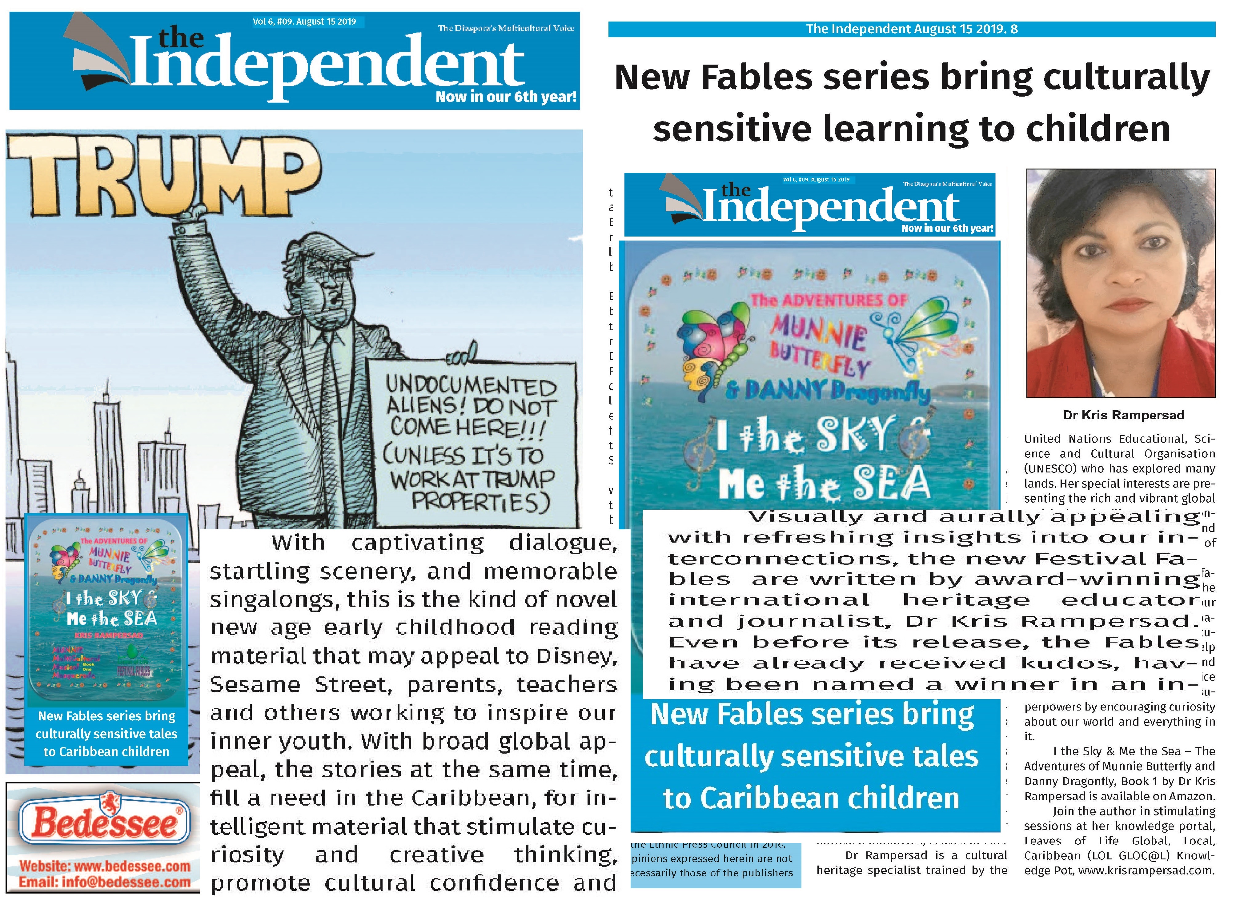 Independent Newspaper, Canada gives front page treatment to Dr Kris Rampersad's I the Sky & Me the Sea, in promoting culture-sensitive education, juxtaposed with cartoon of US President, Donald Trump policy on immigrants