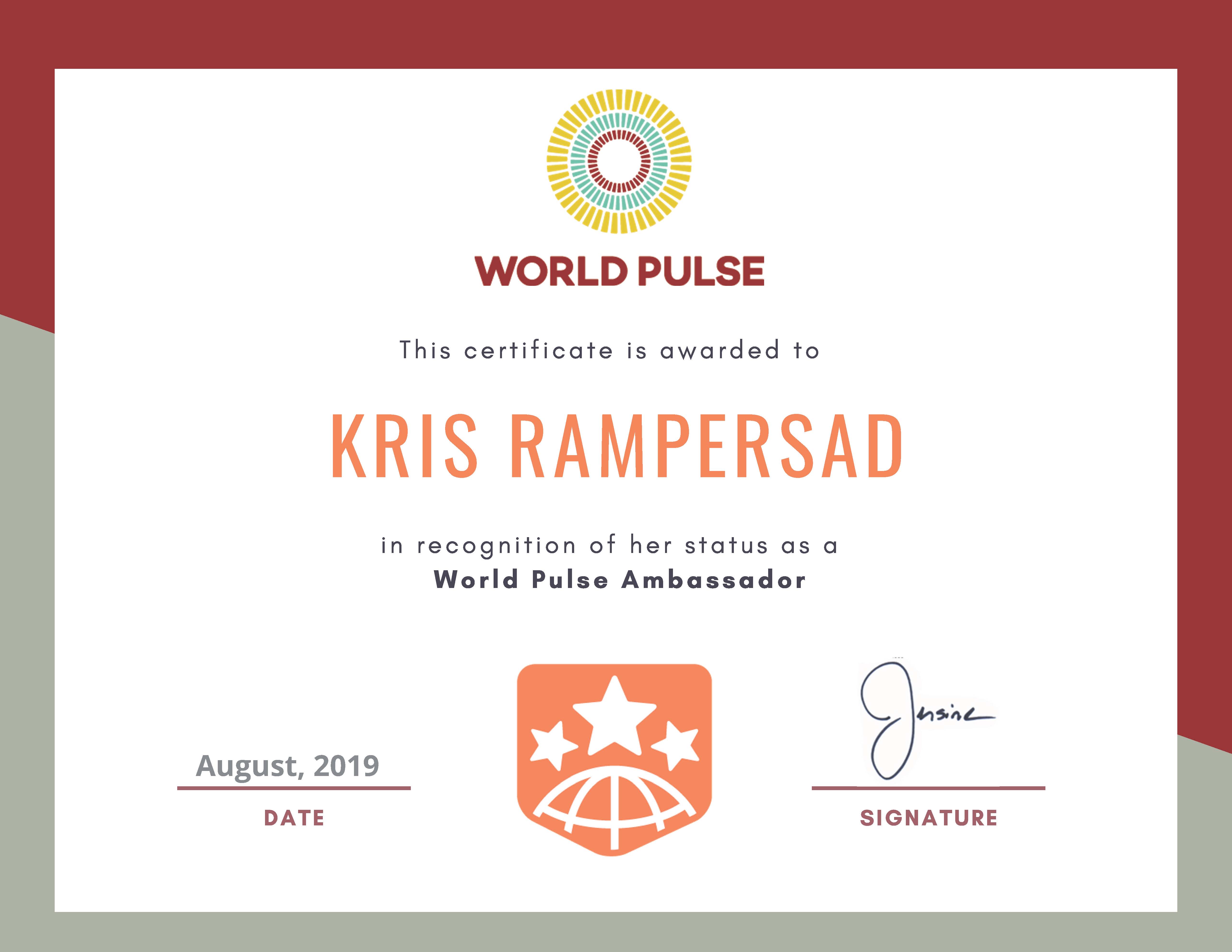 Dr Kris Rampersad recognised as World Pulse Ambassador