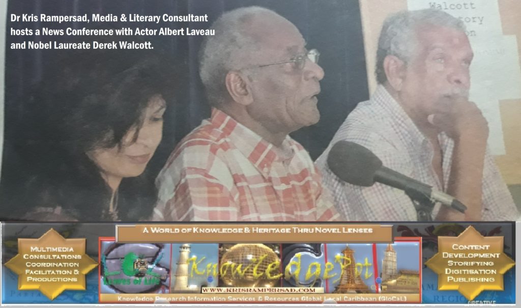 Media and Literary Consultant Educator and Author, Dr Kris Rampersad host news conference with Nobel Laureate Derek Walcott (right) and Theatre Manager Actor Albert Laveau