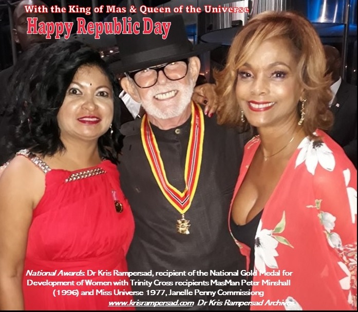 National Awardees Dr Kris Rampersad with King of Mas, Peter Minshall and Miss Universe 1977 Janelle Penny Commissiong at National Awards Ceremony