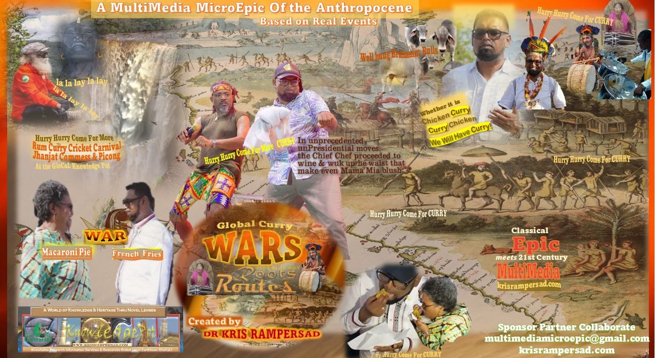 Global Curry Wars Dr Irfaan Ali Mia Mottley Machel Montano preview of unpresidented Presidential satire digital artistry cover logo