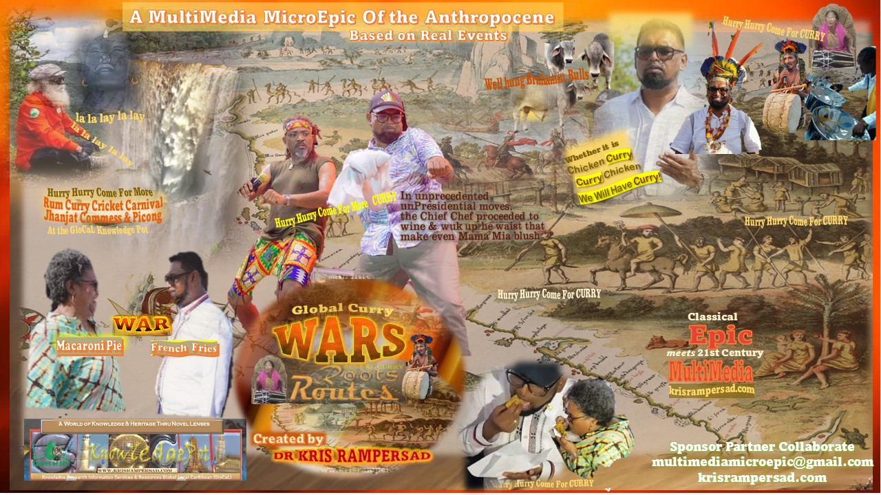 Global Curry Wars Dr Irfaan Ali Mia Mottley Machel Montano preview of unpresidented Presidential satire digital artistry cover logo