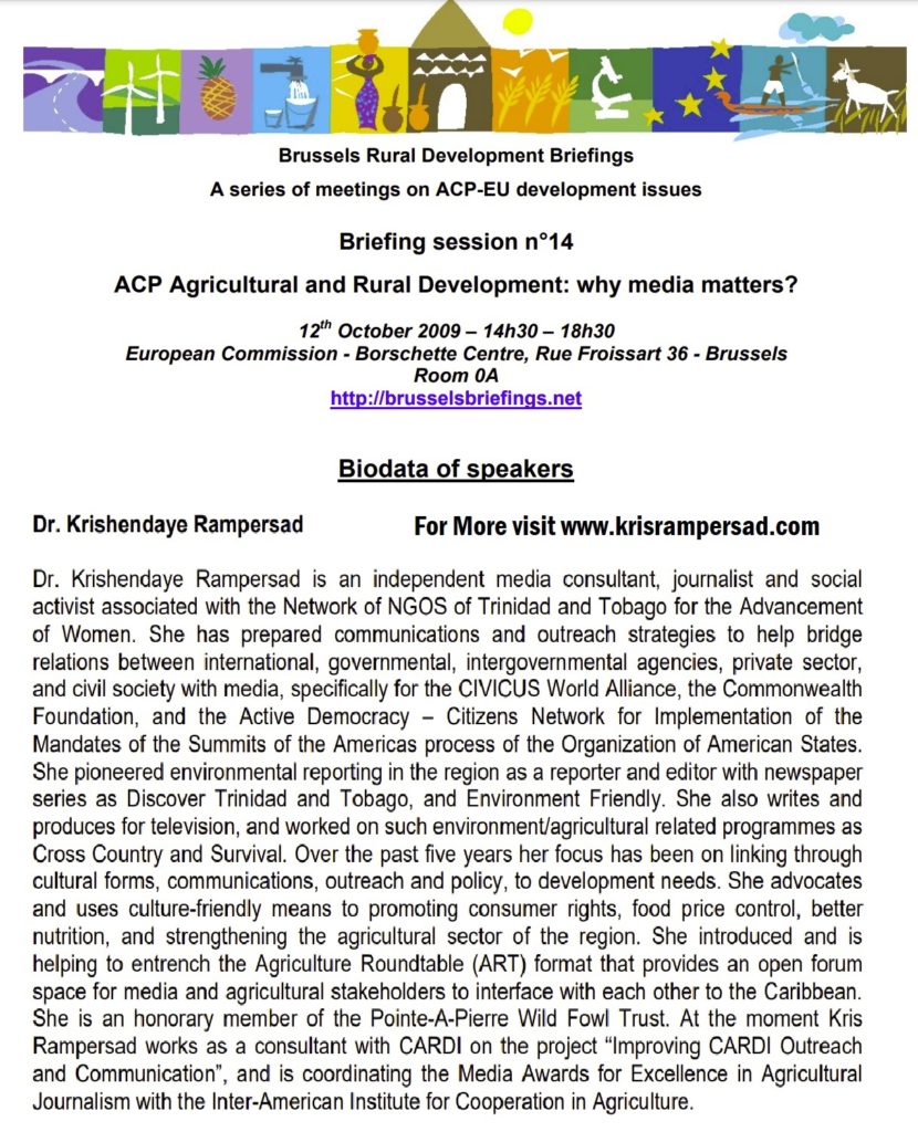 Dr Kris Rampersad Speak Agriculture & Food Security Caribbean at Brussels Briefings