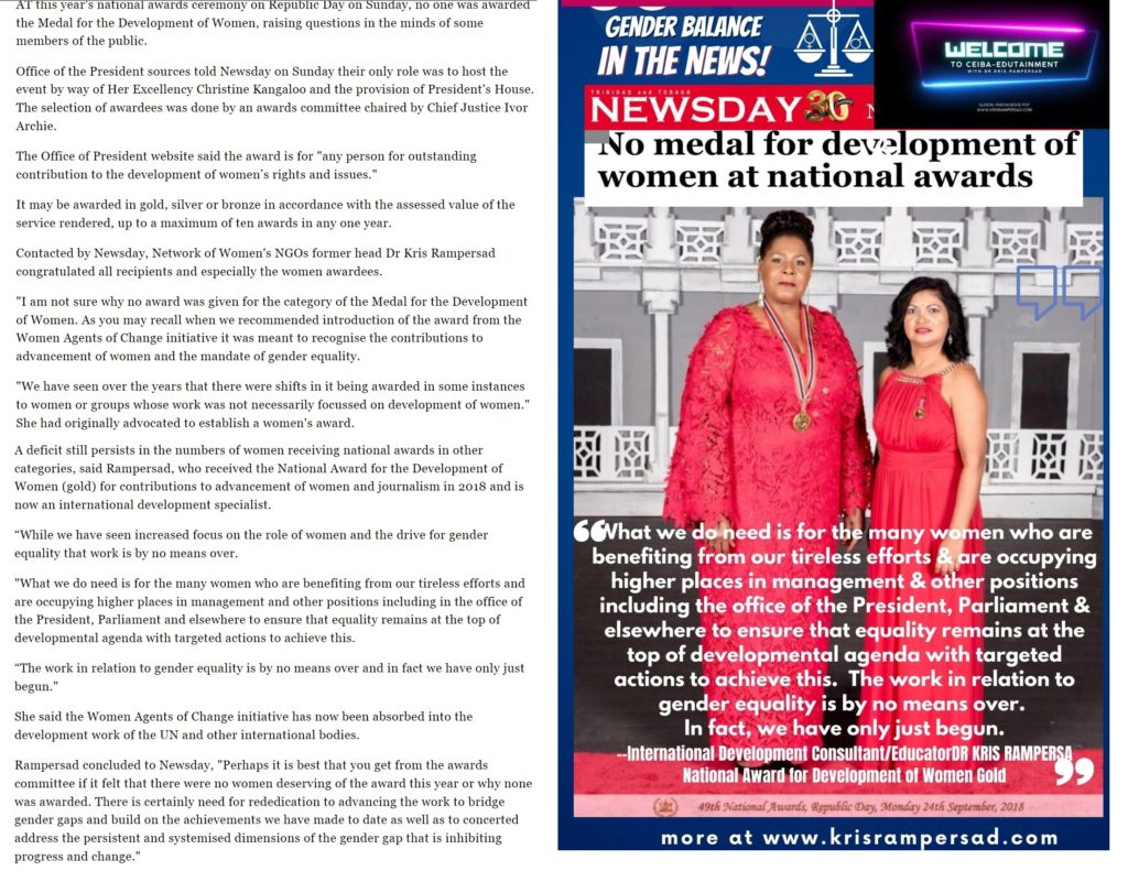 Newsday Article  No Women Awards Dr Kris Rampersad Paula Mae Weekes