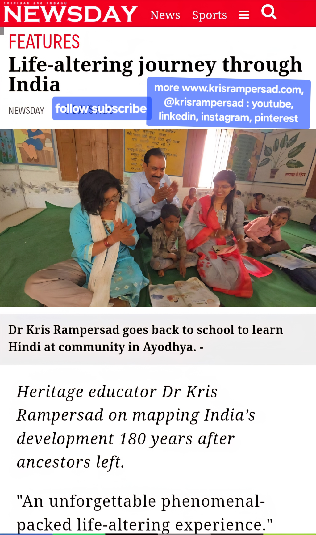 Dr Kris Rampersad In the News Life Altering Journey Thorugh India Newsday Feature